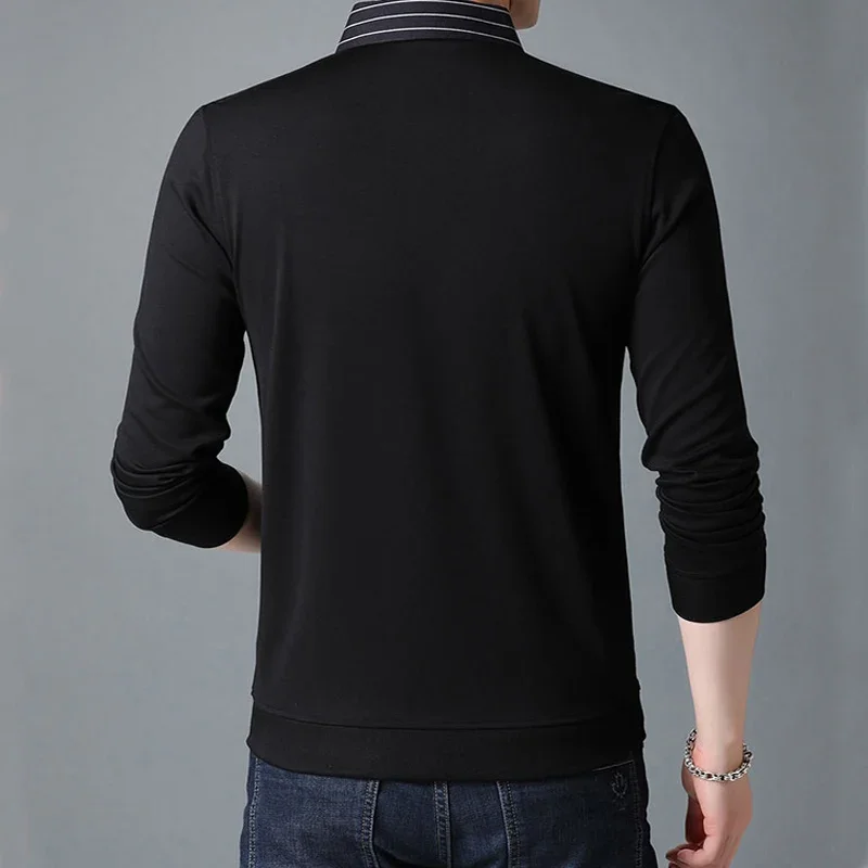 BROWON New Fashion Patchwork Fake Two Designer Men T-Shirt Long Sleeve Striped Turn-down Collar Men Oversized T Shirt Clothes - Image 5