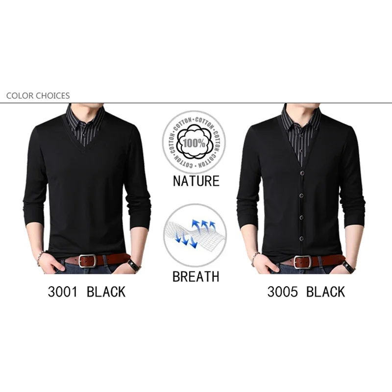 BROWON New Fashion Patchwork Fake Two Designer Men T-Shirt Long Sleeve Striped Turn-down Collar Men Oversized T Shirt Clothes - Image 3