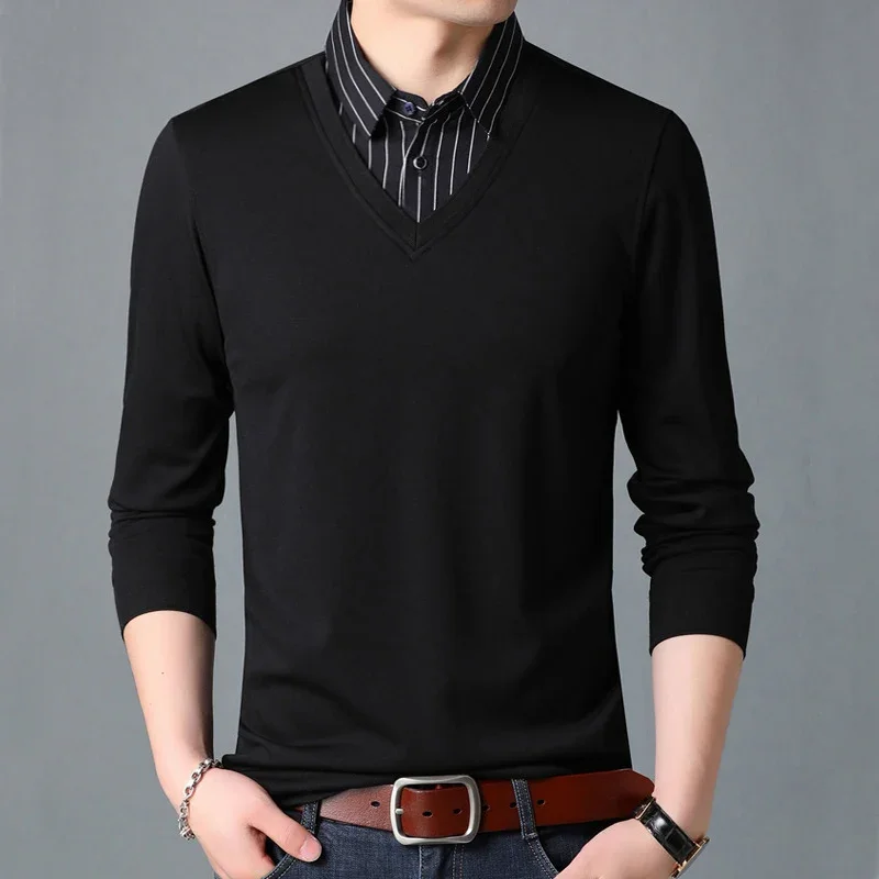 BROWON New Fashion Patchwork Fake Two Designer Men T-Shirt Long Sleeve Striped Turn-down Collar Men Oversized T Shirt Clothes - Image 2