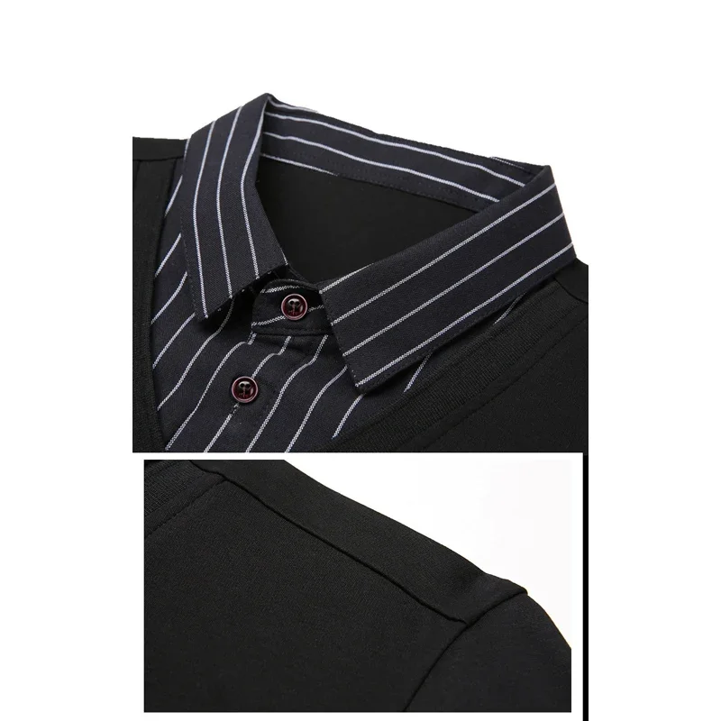 BROWON New Fashion Patchwork Fake Two Designer Men T-Shirt Long Sleeve Striped Turn-down Collar Men Oversized T Shirt Clothes - Image 4